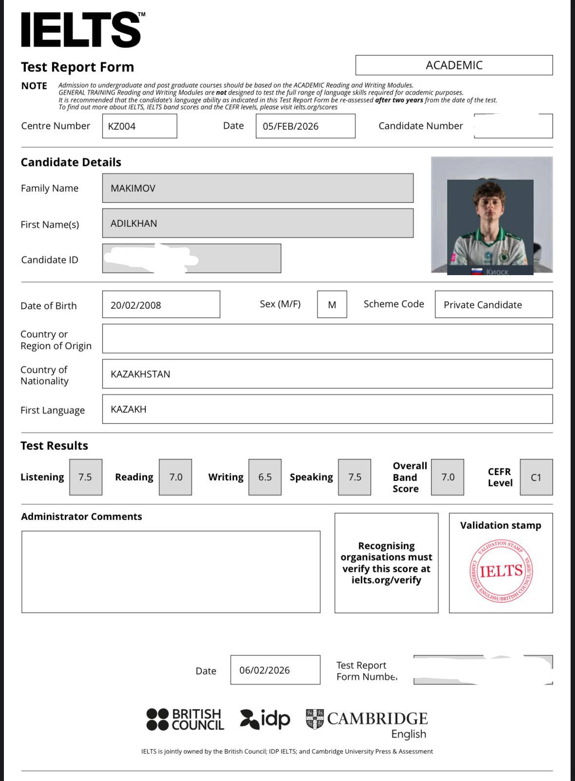 Student result Speaking 7.5