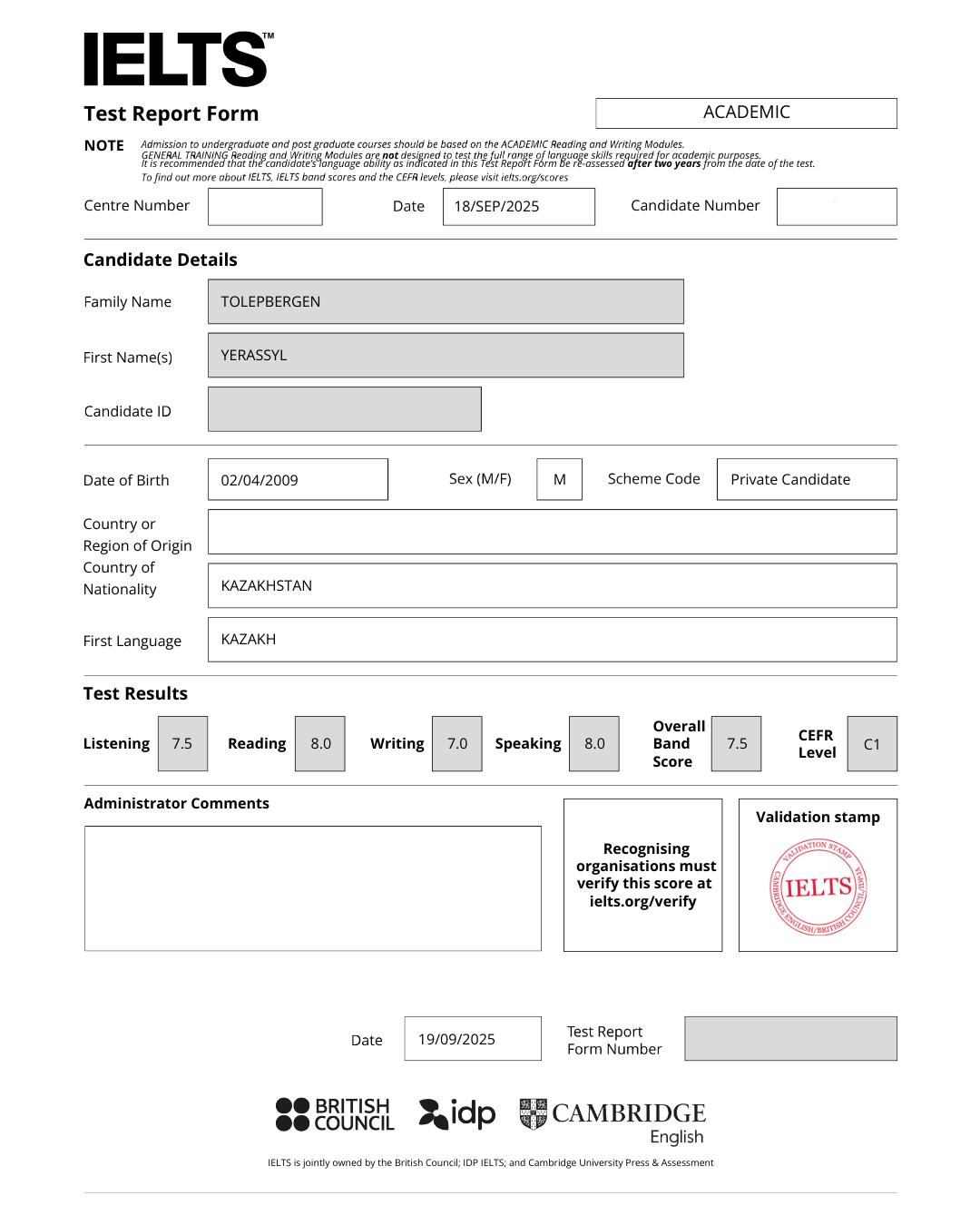 Teacher result Speaking 8.0
