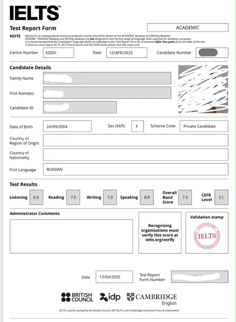 IELTS Test Report Form — Overall 7.5
