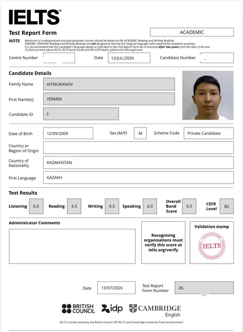 IELTS Academic Test Report Form — Overall 6.5