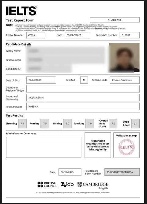 IELTS Academic Test Report Form — Overall 7.0