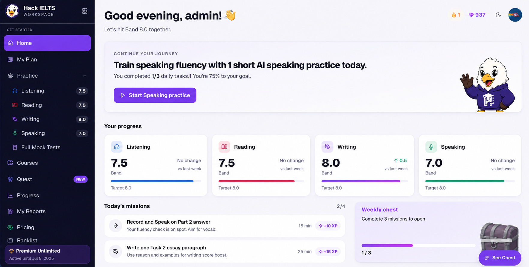 Hack IELTS home dashboard with progress and daily missions