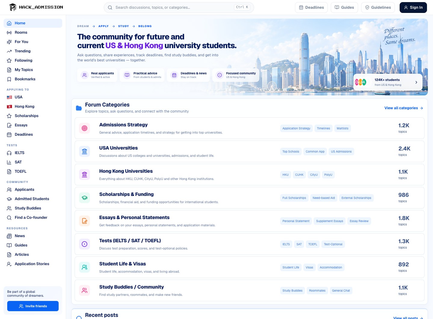 Current Hack Admission community page showing the forum, university categories, and topics